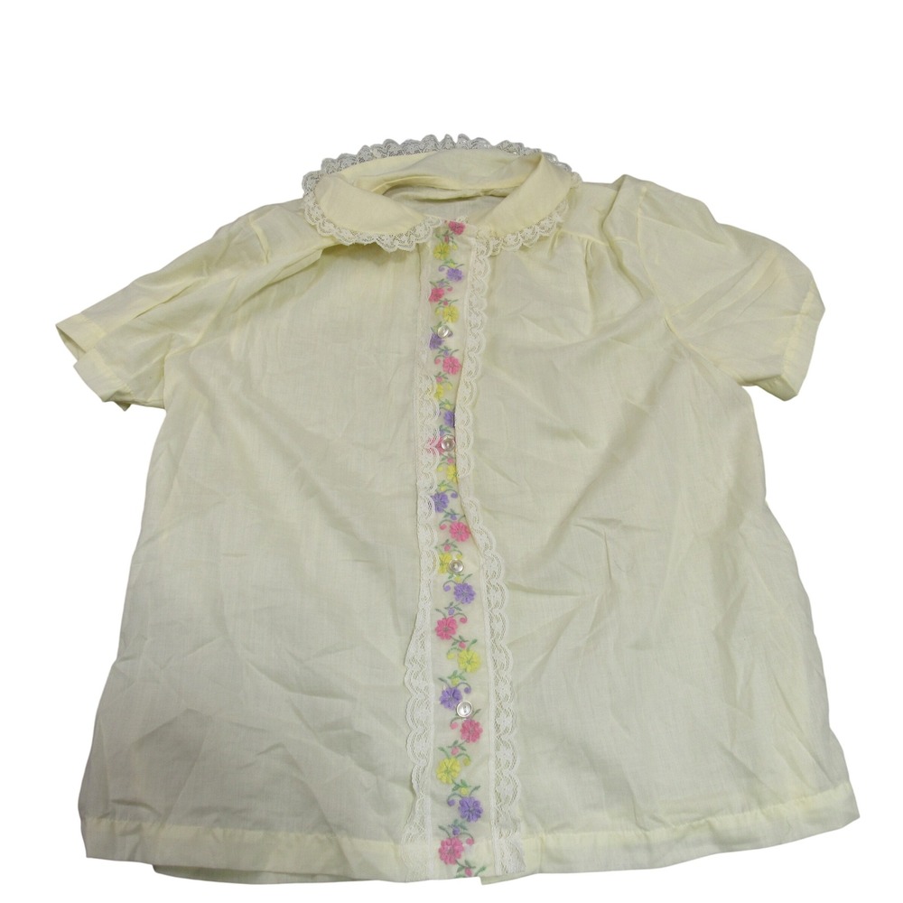Vintage Gilead Yellow Floral Embroidered Lace Trim Pajama Top Size 36 Short Slee